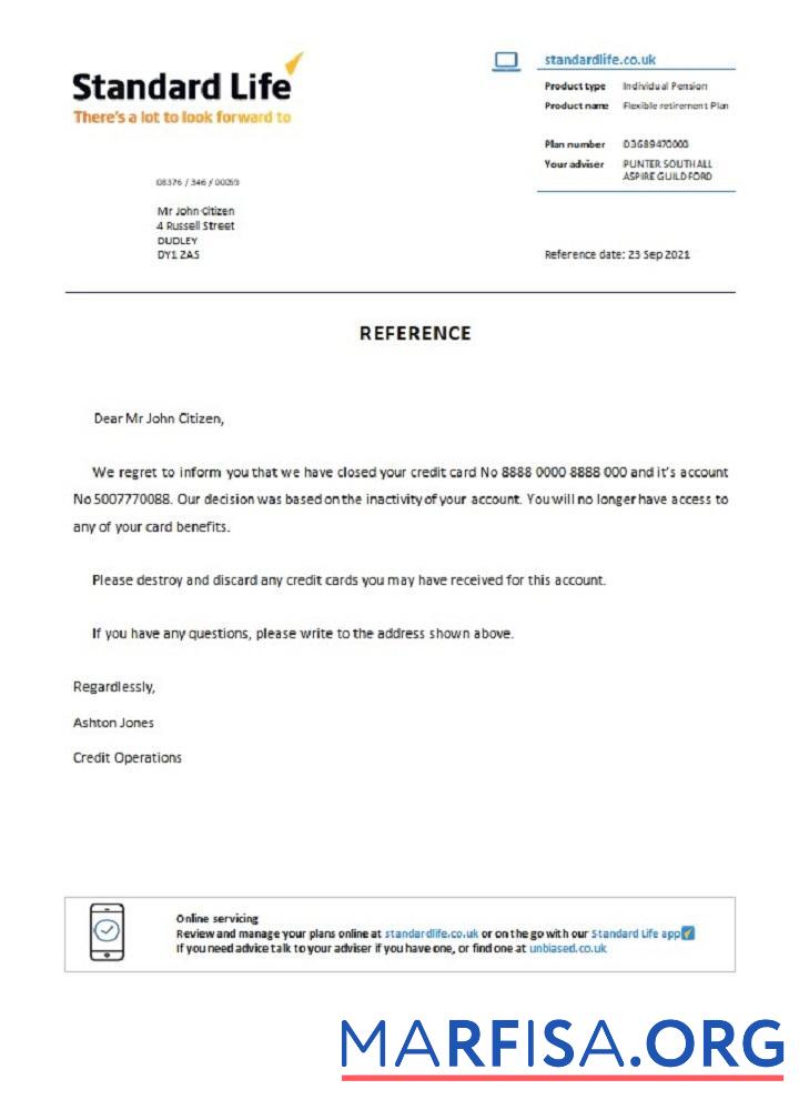 Realistic United Kingdom Standard Life closure reference example